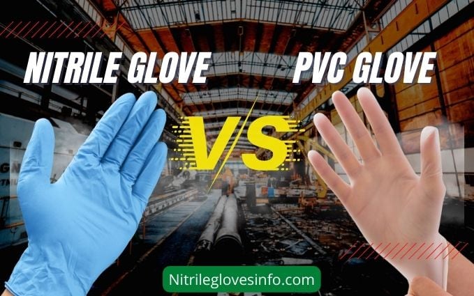 Nitrile vs PVC gloves comparison: close-up of a blue nitrile glove and a clear PVC glove.