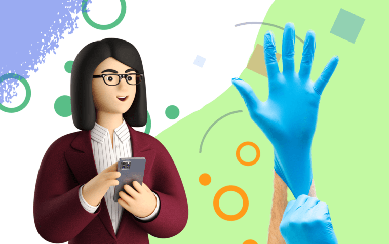 Woman using phone, person putting on blue food-safe gloves