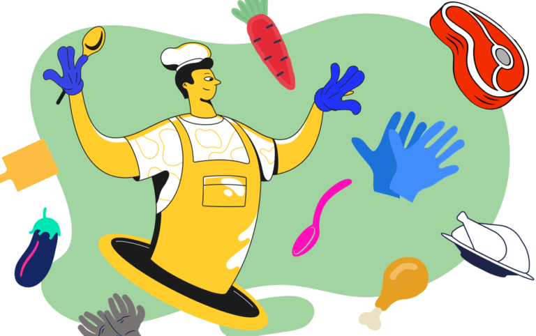 Chef joyfully juggling food and nitrile gloves while cooking.
