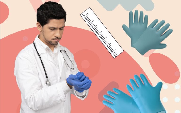 Doctor putting on blue nitrile gloves. Comparison of glove thickness.