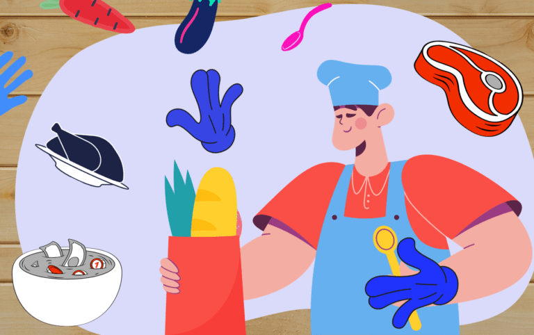 Chef preparing food wearing disposable gloves, various ingredients shown