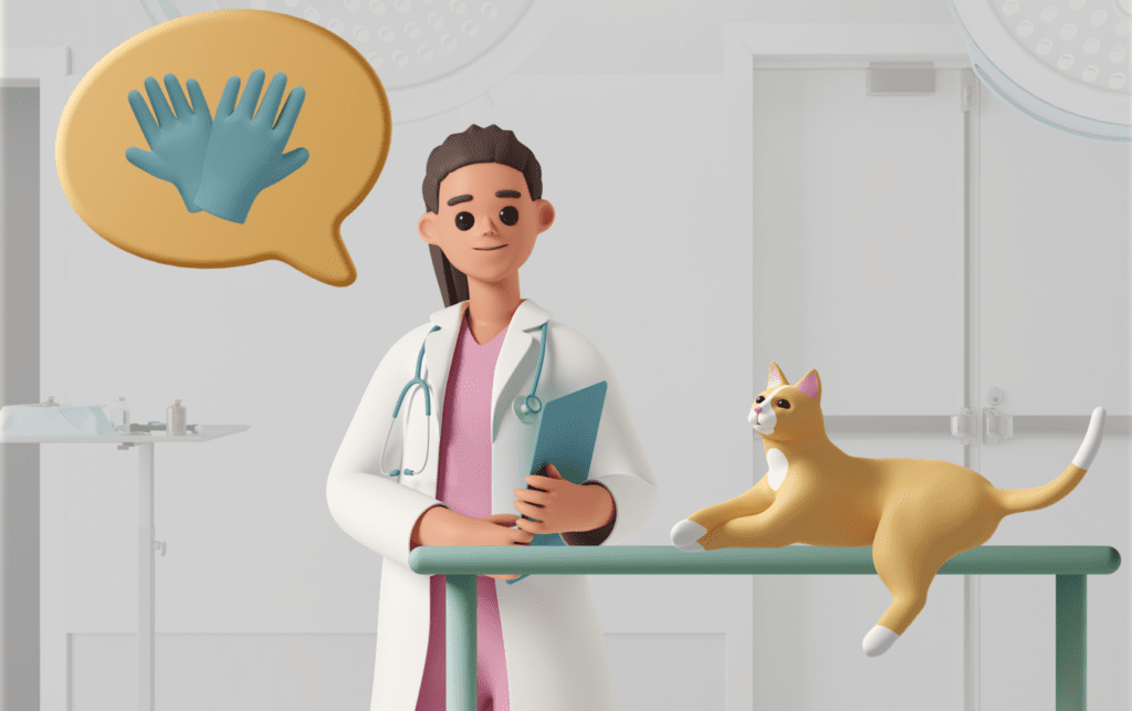 Veterinarian with cat, discussing nitrile gloves for animal handling.