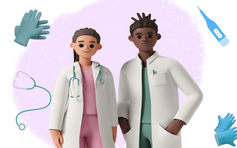 Two 3D cartoon doctors, a woman and a man, wearing white coats and scrubs. Medical equipment including nitrile gloves and a thermometer are shown.