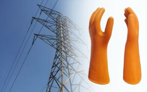 Orange electrical safety gloves and high-voltage power lines. Do nitrile gloves protect against electric shock?
