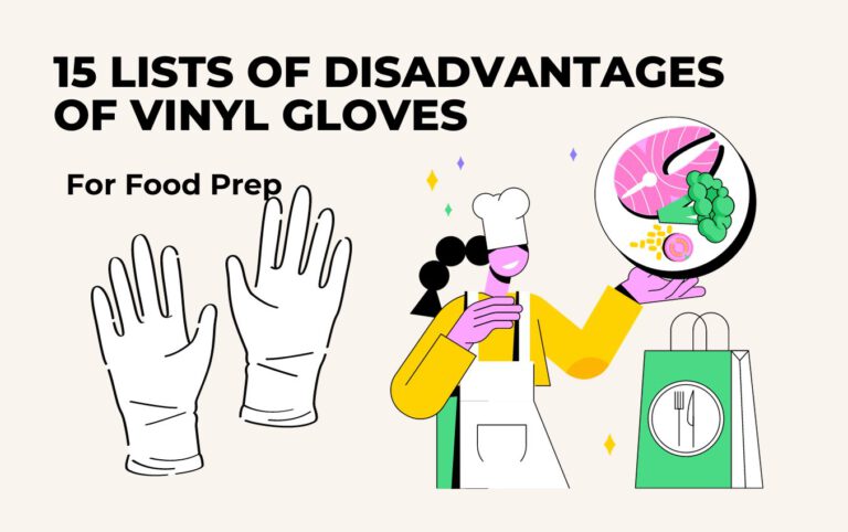 Chef holding plate of food, wearing vinyl gloves. Disadvantages of vinyl gloves for food prep.