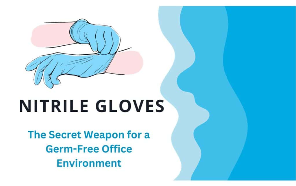 Hands putting on blue nitrile gloves. Nitrile gloves for a germ-free office.