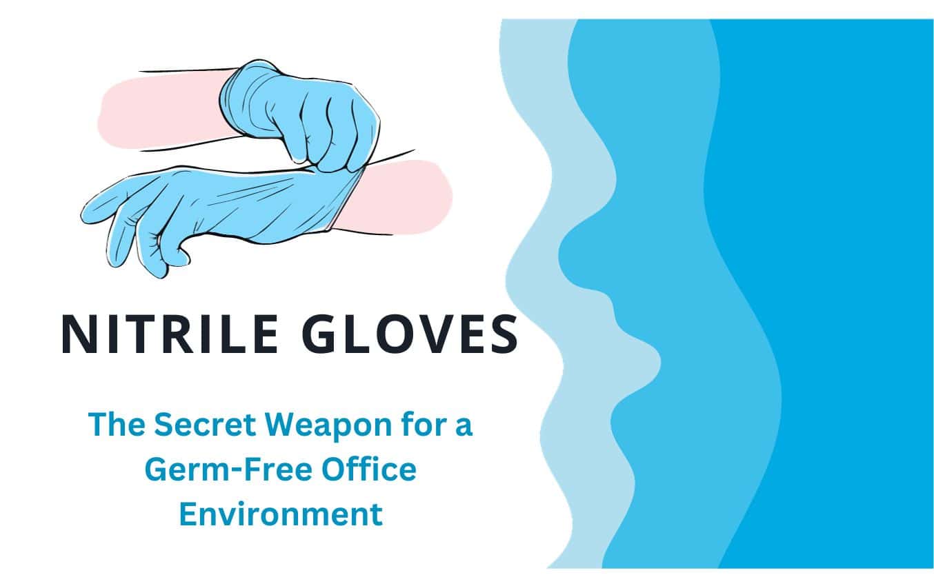 Hands putting on blue nitrile gloves. Nitrile gloves for a germ-free office.