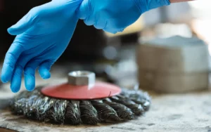 Close-up of gloved hands near an abrasive wire brush. Testing nitrile glove abrasion resistance.