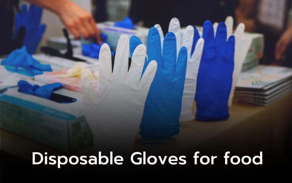 Assortment of disposable gloves in blue and white; food safety