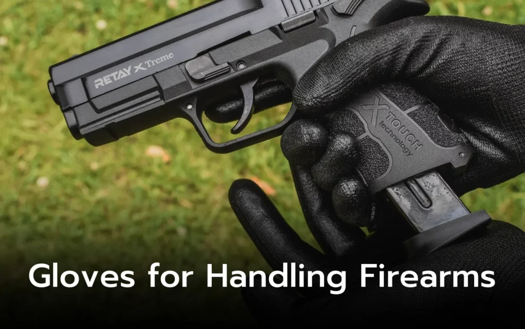 Black gloves handling a firearm; best disposable gloves for firearm safety.