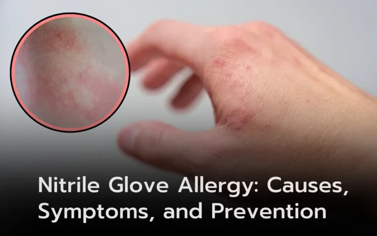 Close-up of hand with nitrile glove allergy symptoms: red, itchy rash. Prevention is key.