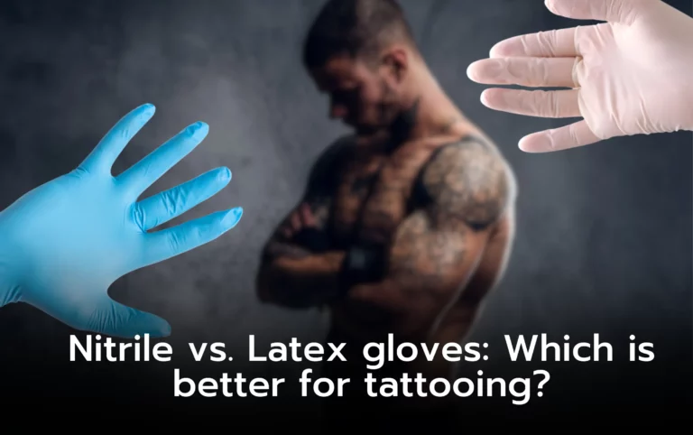 Close-up of nitrile and latex gloves; blurred tattooed man in background. Nitrile vs. latex for tattooing?