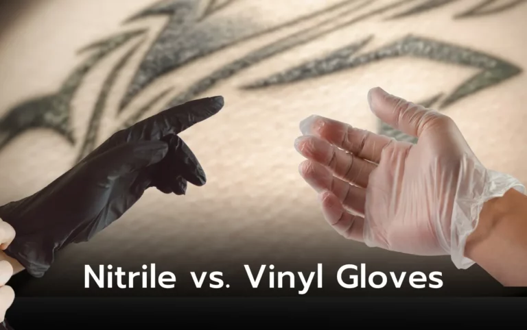 Close-up of a black nitrile glove and a clear vinyl glove. Nitrile vs. vinyl gloves.