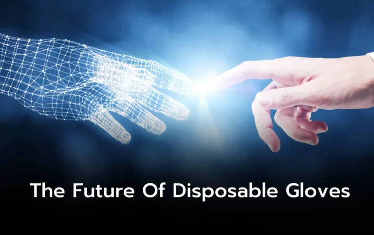 Digital hand and human hand reaching, representing the future of disposable gloves.