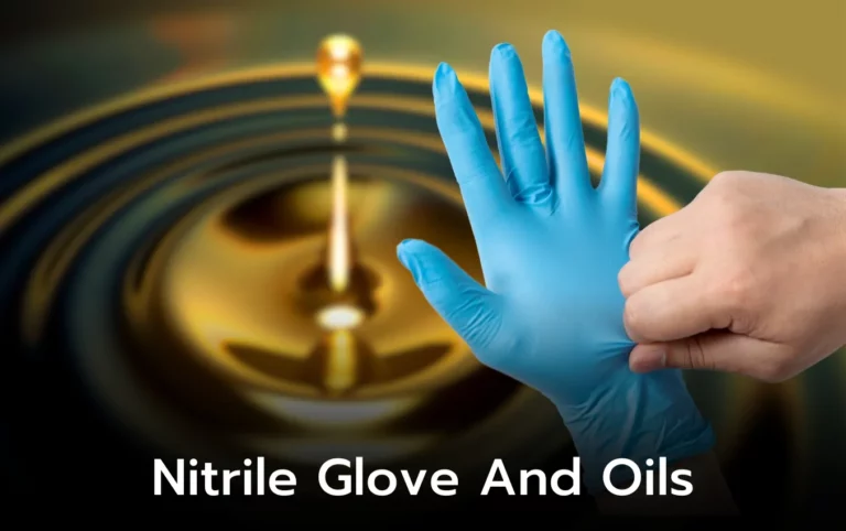 Person putting on a blue nitrile glove; oil in background. Nitrile glove durability and oil protection.