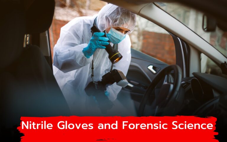 Forensic scientist in nitrile gloves using a flashlight to examine a car interior.