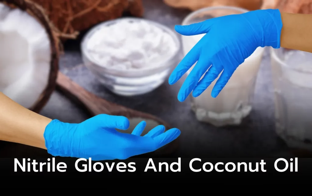 Two hands wearing blue nitrile gloves reach toward each other near bowls of coconut oil and coconut flakes.