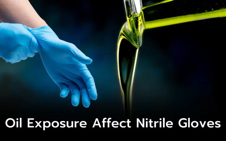 Close-up of hands in blue nitrile gloves with oil pouring nearby. Oil exposure and nitrile glove durability.