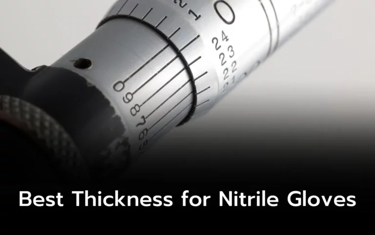 Close-up of a micrometer measuring nitrile glove thickness.
