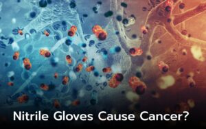 Microscopic view of cells; exploring concerns about nitrile gloves and cancer.