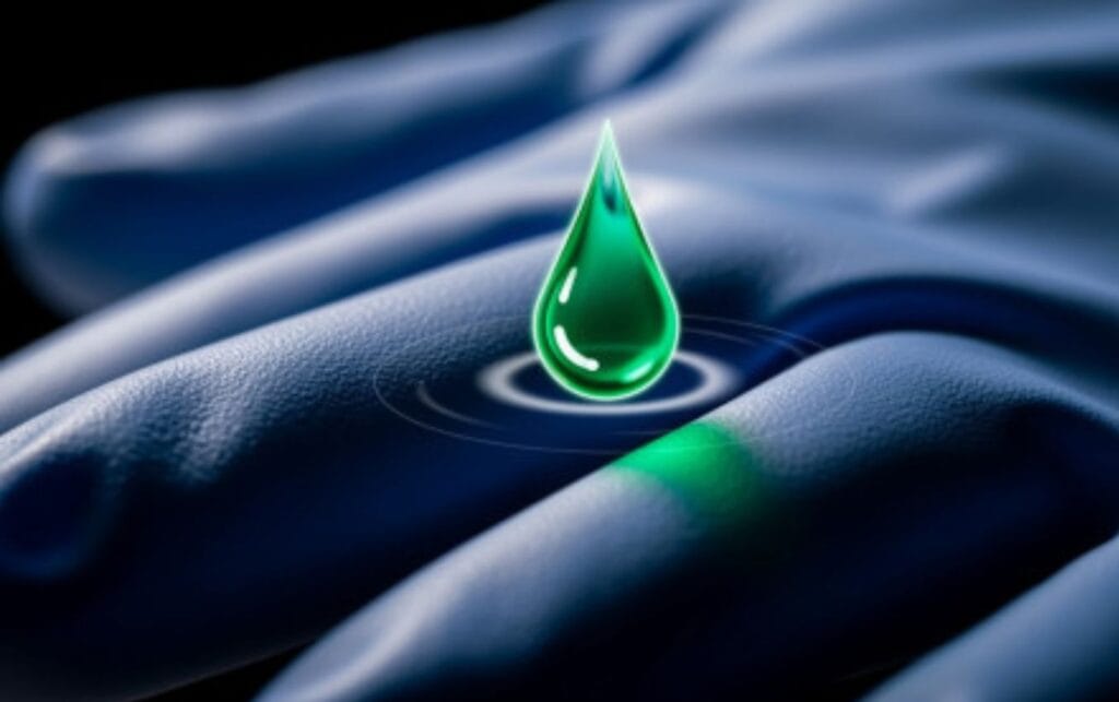 Close-up of a drop of liquid on a blue nitrile glove.