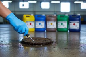 Hand in nitrile glove using screwdriver near chemical containers.
