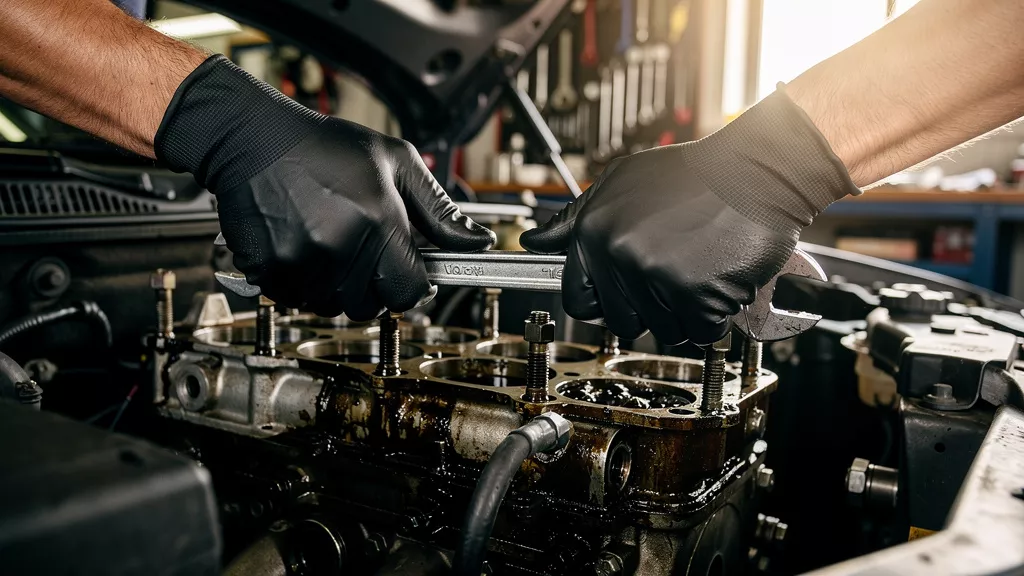 Mechanic wearing heavy-duty black nitrile gloves repairing equipment