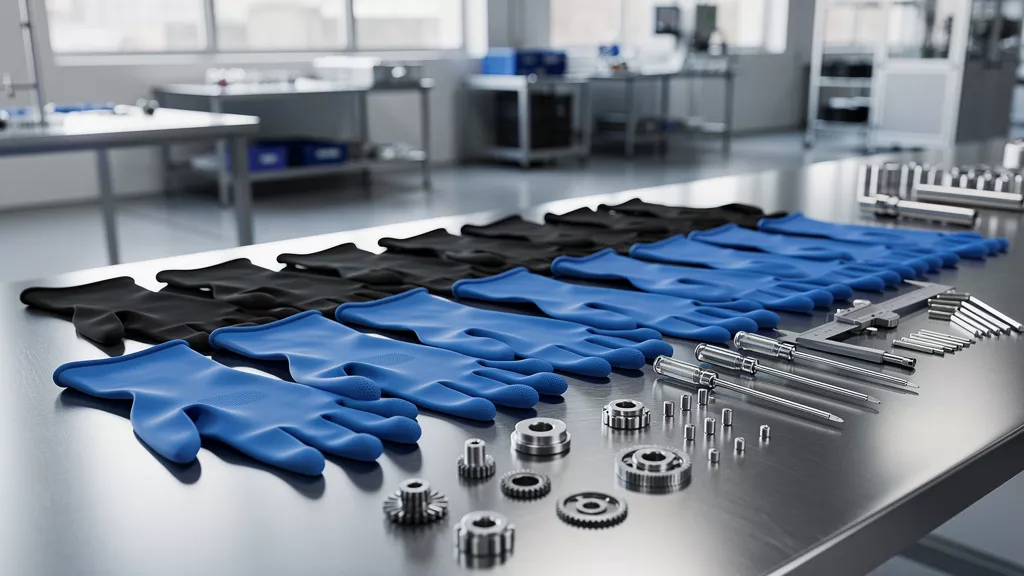 Blue and black nitrile gloves displayed on factory workstation
