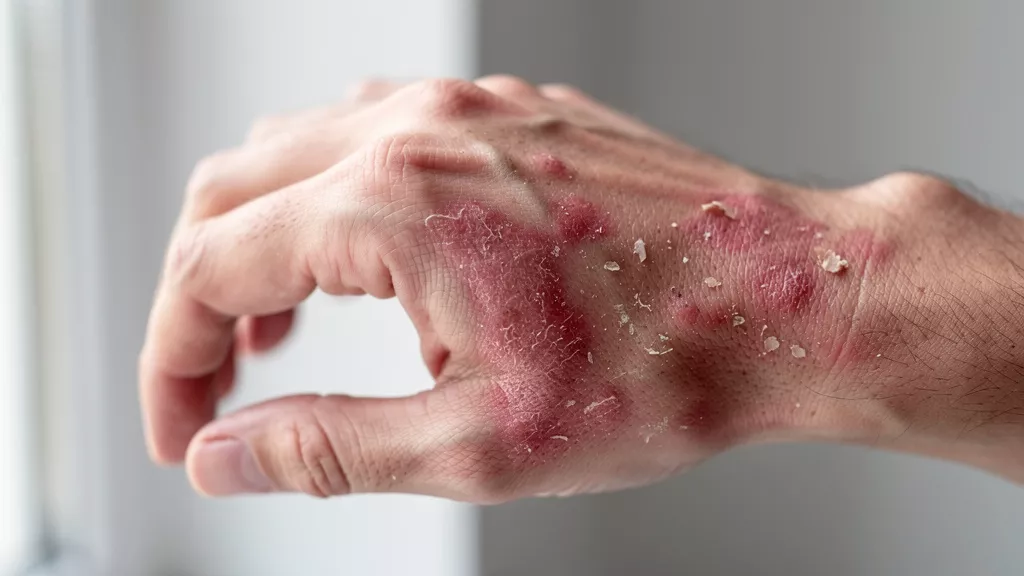 Hand showing allergic contact dermatitis skin reaction