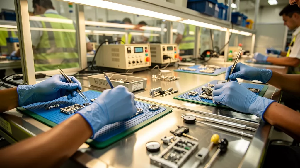 Multiple factory workers wearing nitrile gloves on assembly line