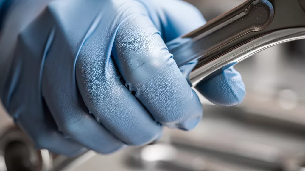 Close-up of textured nitrile glove fingertip gripping metal tool