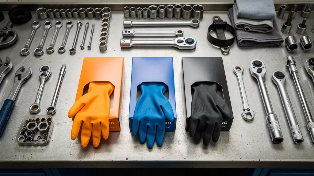 Various nitrile glove options organized in automotive repair shop