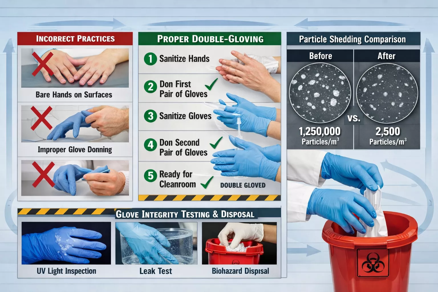 Detailed () contamination prevention workflow diagram showing proper cleanroom protocol sequence: left side displays