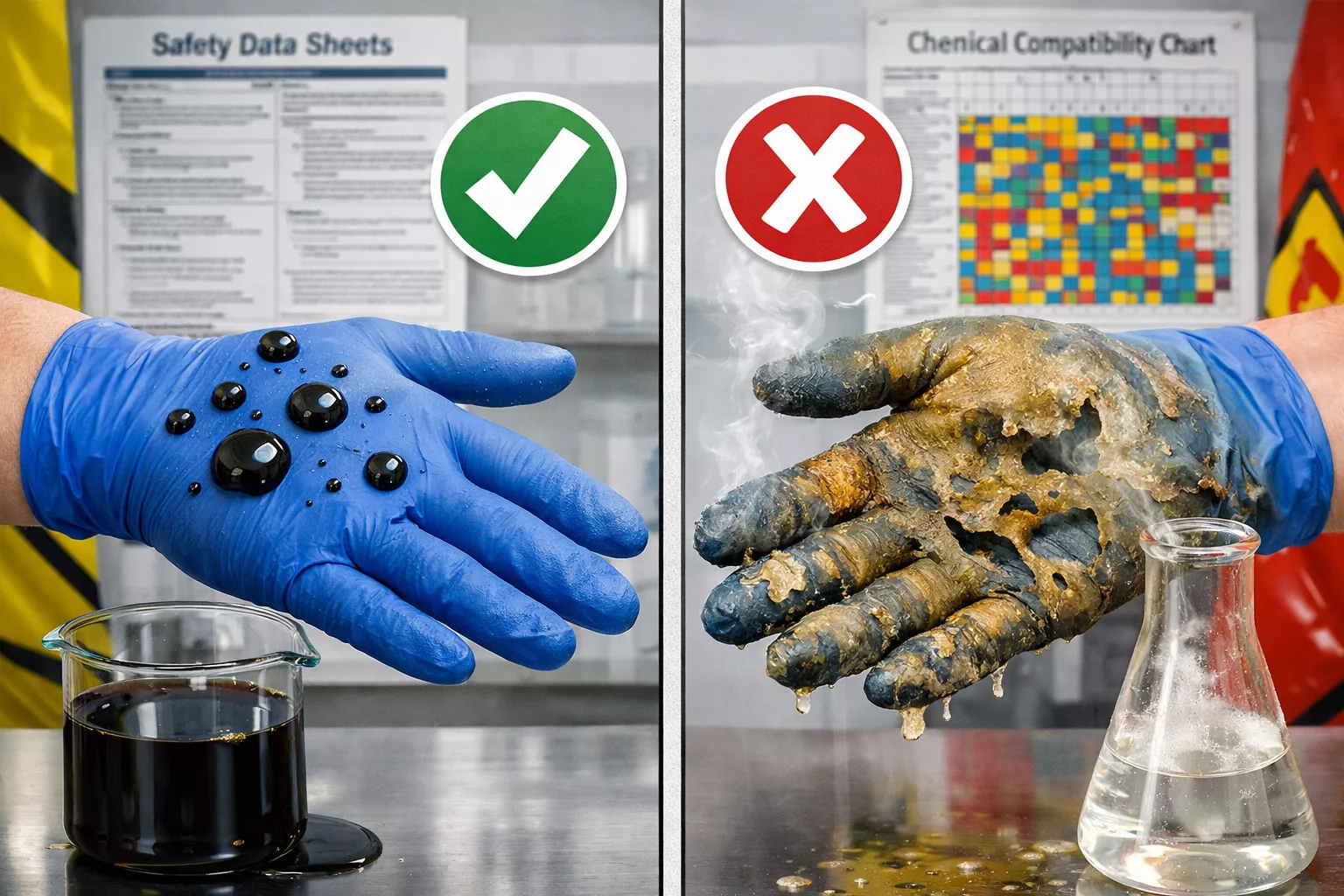 Detailed () image depicting chemical breakthrough test demonstration with split-screen composition. Left side shows nitrile