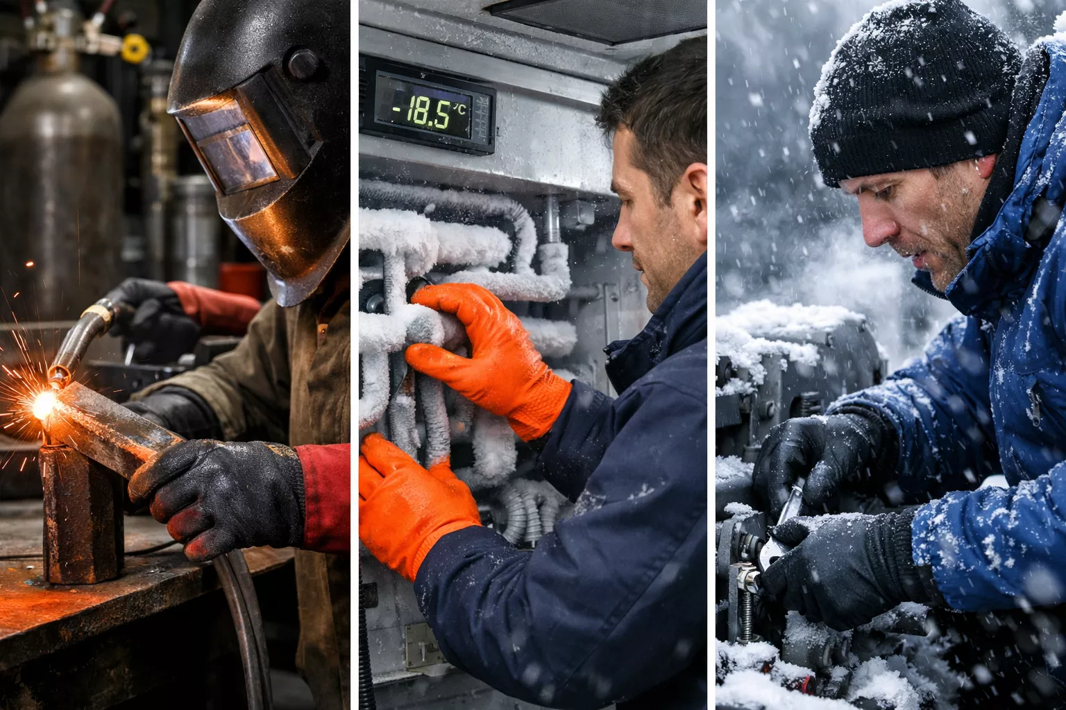 Detailed () image depicting real-world application scenes in triptych layout: left panel shows welder wearing heat-resistant