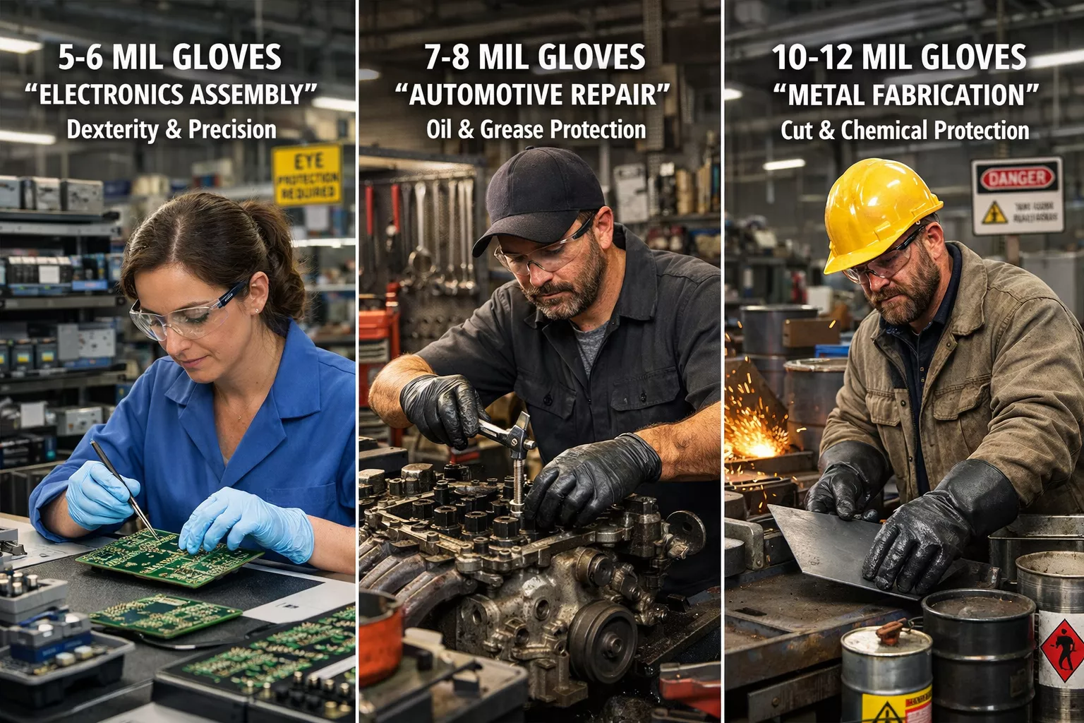 Detailed () image depicting real-world manufacturing floor scene with three distinct work zones: left zone shows electronics