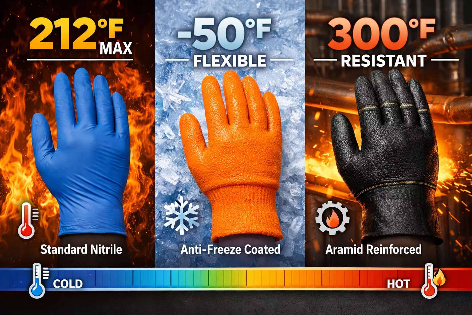 Detailed () image showing close-up comparison chart of nitrile glove temperature ranges with three distinct glove samples