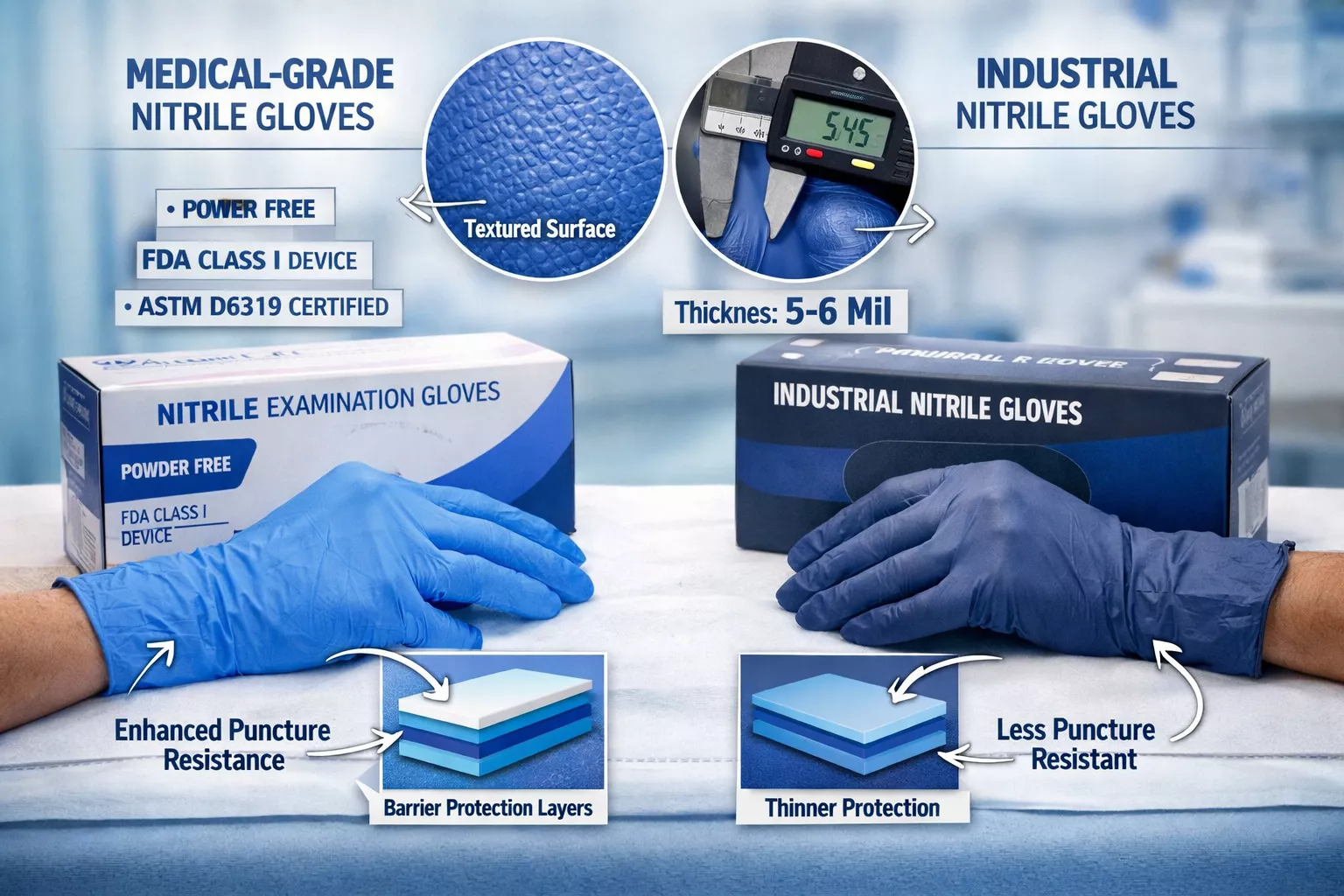 Detailed () image showing close-up comparison of medical-grade versus industrial nitrile gloves side by side on examination