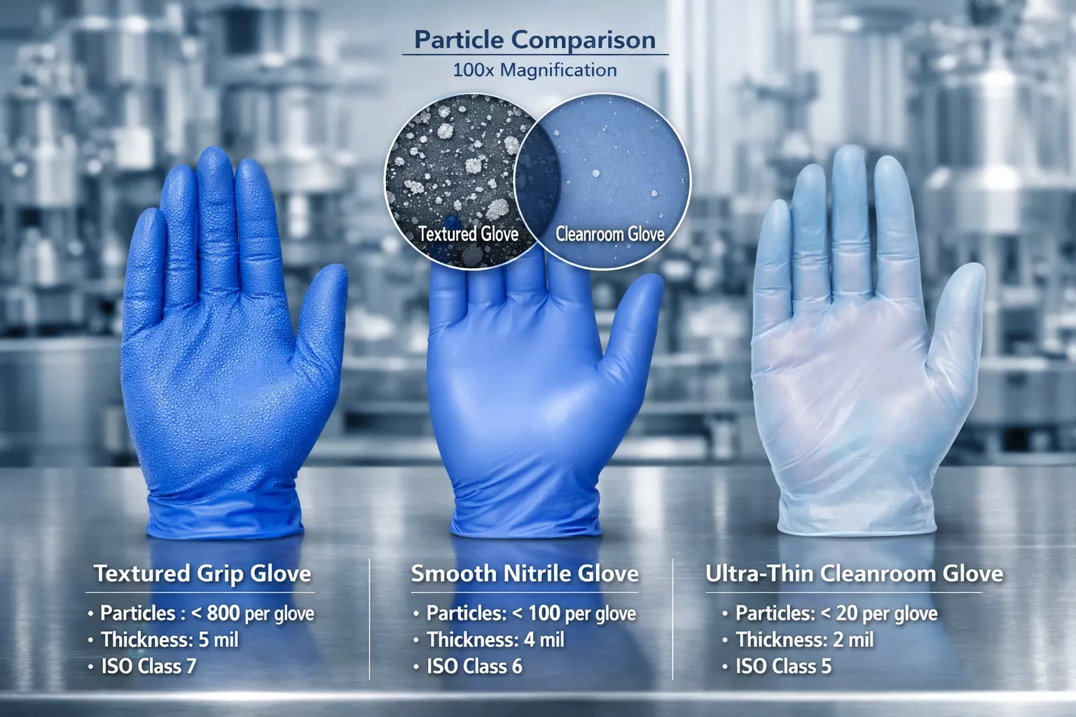 Detailed () image showing close-up comparison of three different nitrile glove types side-by-side on stainless steel
