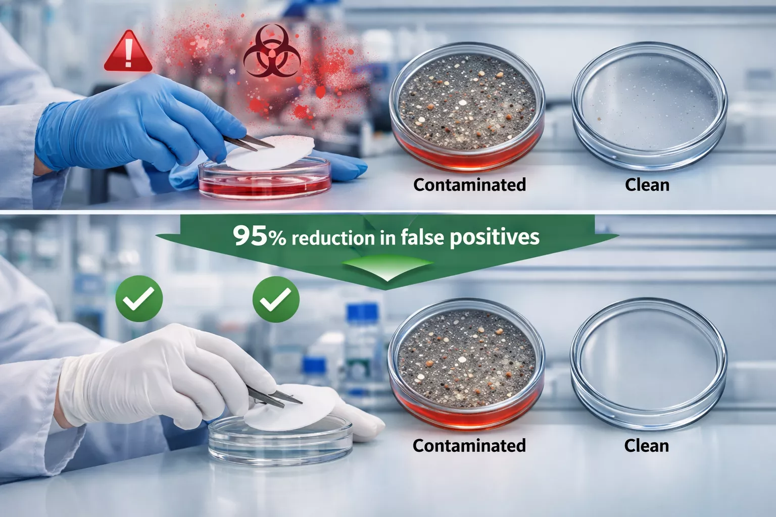 Detailed () image showing laboratory workflow comparison: top half displays researcher wearing standard blue nitrile gloves