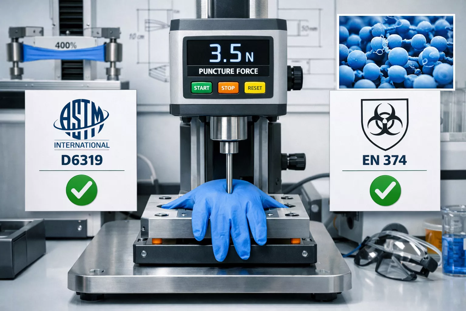 Detailed () image showing scientific durability testing setup for nitrile gloves in laboratory environment. Central focus on