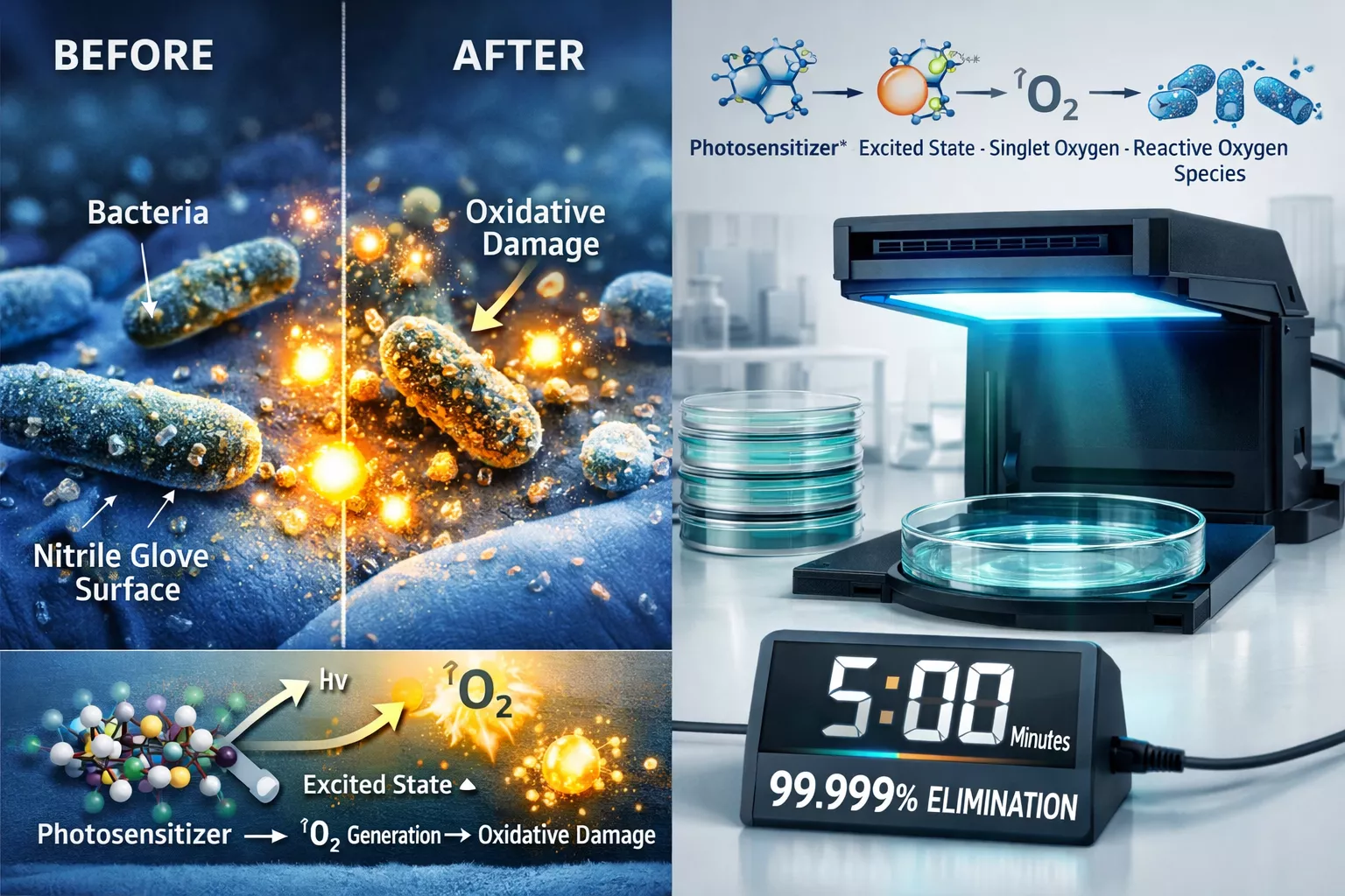 Detailed () image showing scientific visualization of antimicrobial technology in action on nitrile glove surface.