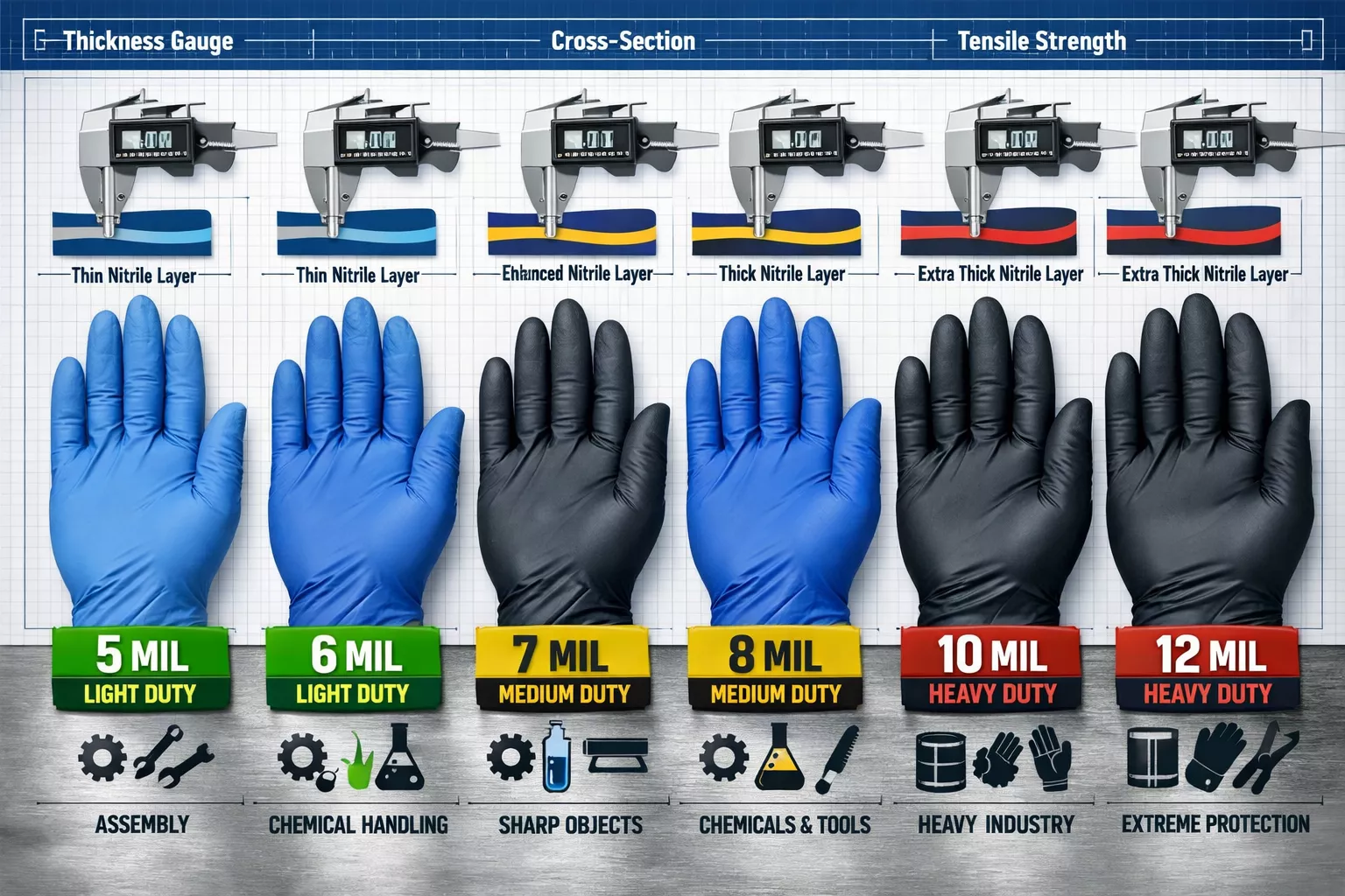 Detailed () image showing side-by-side comparison of five different nitrile gloves arranged from thinnest to thickest (5mil