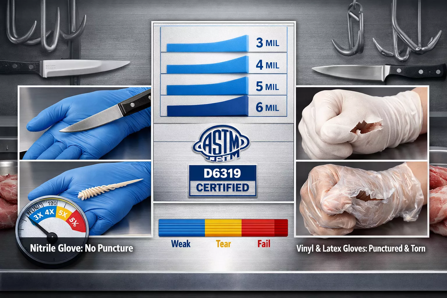 Detailed () image showing side-by-side comparison of puncture resistance testing for different glove materials. Left side