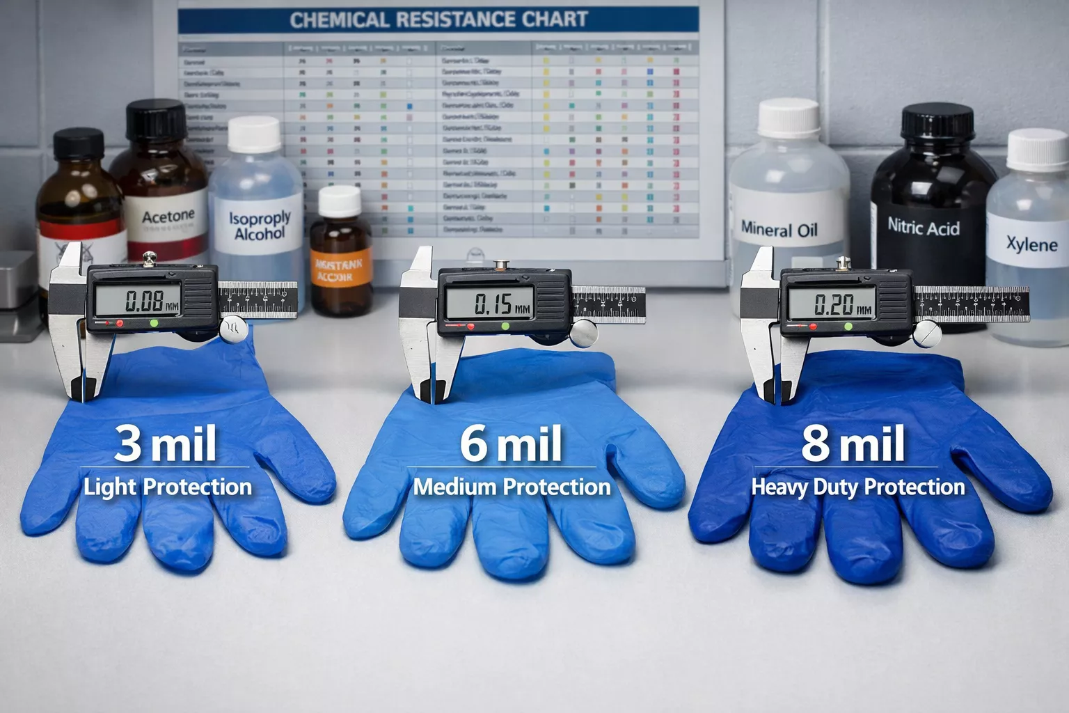 Detailed () image showing side-by-side comparison of three different nitrile glove thicknesses (3 mil, 6 mil, and 8 mil)