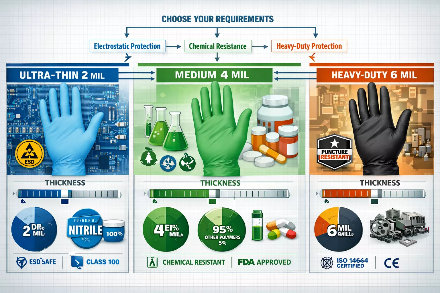 Detailed () product selection guide visualization showing three distinct nitrile glove types arranged horizontally: