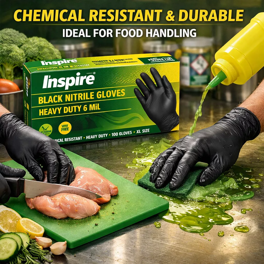 Detailed showcase of Inspire Black Nitrile Gloves HEAVY DUTY 6 Mil highlighting chemical resistance and durability during