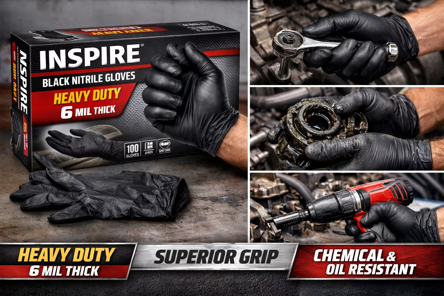Detailed showcase of Inspire Black Nitrile Gloves HEAVY DUTY 6 Mil highlighting gloves being worn during mechanical work