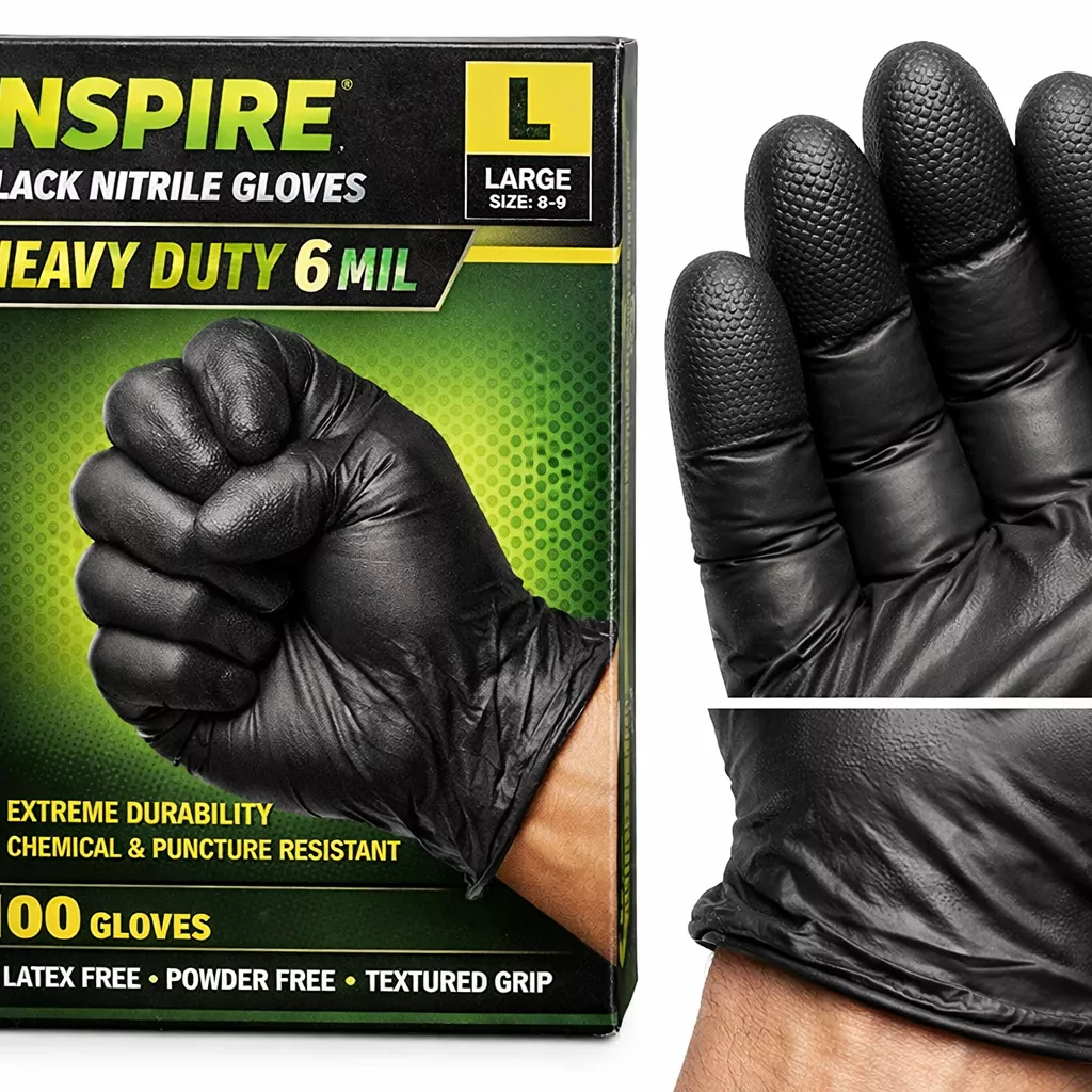 Detailed showcase of Inspire Black Nitrile Gloves HEAVY DUTY 6 Mil highlighting the box packaging and individual glove