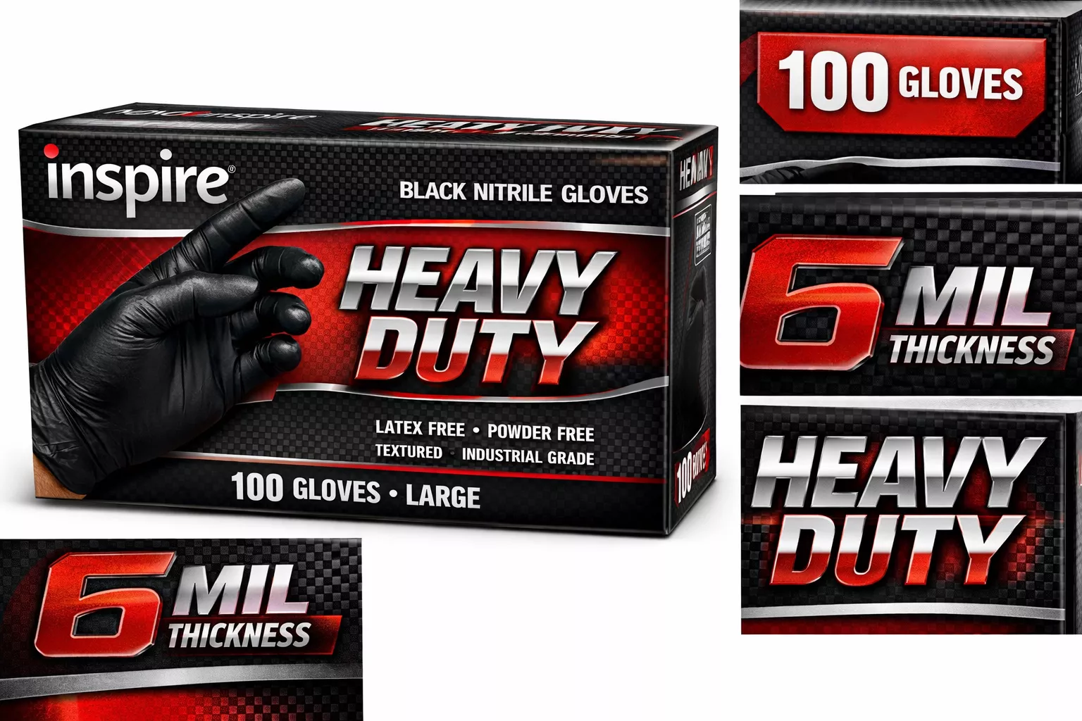 Detailed showcase of Inspire Black Nitrile Gloves HEAVY DUTY 6 Mil highlighting the box packaging showing 100 gloves count